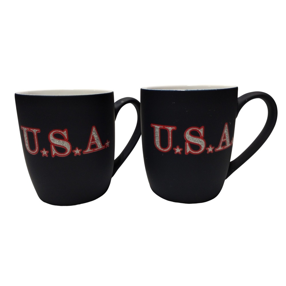 Sheffield Home USA Coffee Mug Set of 2 Land That I Love Matte Black Red Silver